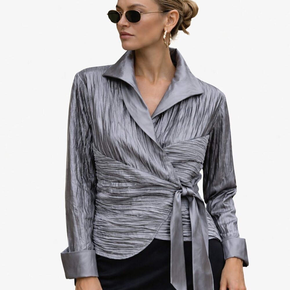 CLEARANCE Retro wrap blouse in satin crinkle fabric, Harve Benard